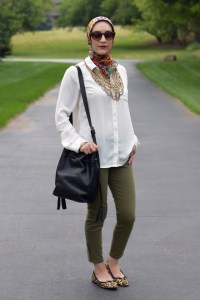 A Day In The Lalz; Pre-Fall; Transitioning to Fall Fashion; Style; Fashion Blog; Olive Pants; Baublebar; Courtney Bib; Bucket Bag; Leopard Flats