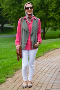 A Day In The Lalz; Transitioning To Fall Fashion; Fashion Blog; Modesty; The Limited Ashton Blouse; Green Vest; Pink; Michael Kors Flats; Cole Haan Sunglasses; White Denim