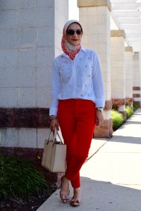 A Day In The Lalz; Fashion; Style; Modesty; Summer Red; Color Pants; J. Crew; Banana Republic; Kate Spade; Haute Hijab