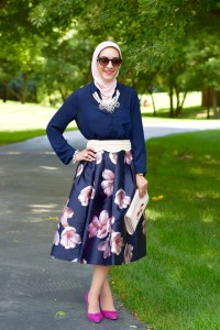 A Day In The Lalz; Chicwish; Peach Blossom Midi Skirt; Modesty; Fashion; Summer; Pink and Navy; Hijab; BaubleBar