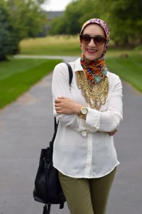 A Day In The Lalz; Pre-Fall; Transitioning to Fall Fashion; Style; Fashion Blog; Olive Pants; Baublebar; Courtney Bib; Bucket Bag; Leopard Flats