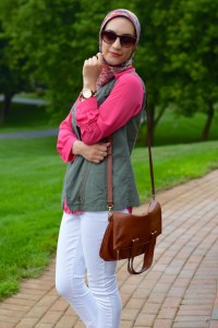 A Day In The Lalz; Transitioning To Fall Fashion; Fashion Blog; Modesty; The Limited Ashton Blouse; Green Vest; Pink; Michael Kors Flats; Cole Haan Sunglasses; White Denim; Cognac Crossbody Bag
