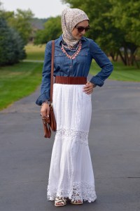 A Day In The Lalz; Fashion Blog; Modesty; Style; White Skirt; Denim Shirt; Bauble Bar; Banana Republic; Anthro; Summer Style