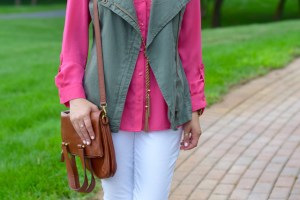 A Day In The Lalz; Transitioning To Fall Fashion; Fashion Blog; Modesty; The Limited Ashton Blouse; Green Vest; Pink; Michael Kors Flats; Cole Haan Sunglasses; White Denim; BaubleBar Necklace