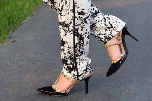 A Day In The Lalz; Fashion; Modesty; Black and White; Put a Bow On it; Chic; Modesty; Banana Republic Piped Printed Soft Pant; ASOS Oversized Bow Tie; Karen Walker Super Duper Black; Stila Beso; Rockstud T-Strap Pump; La Mer Watch; The Limited Ashton Blouse; Zeena Scarf