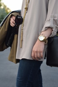 A Day In The Lalz; Fall Fashion; Leather Sleeve Olive Coat; Haute Hijab; Bauble Bar Iced Lariat Pendant; Fashion Blogger; Modest Style; Karen Walker Super Dupe Sunglasses; NARS Audrey Lipstick; Kate Spade Beau Bag