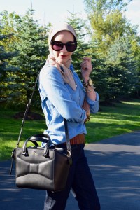 A Day In The Lalz; Flared Jeans; Denim for fall; Fall Style; Chambray; Flare Denim; Karen Walker Sunglasses; DVF Leopard Heels; Kate Spade Beau Bag; Haute Hijab; Fashion Blog; Fall Fashion