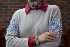 A Day In The Lalz; Autumn Rust; Fall Sweater; Jeweled Sweater; Floral Embellished; J. Crew; Nordstrom Rack Blouse; Booties; Prada Sunglasses: Haute Hijab; Fashion Blog; Modesty; Layers