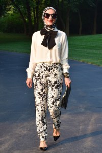A Day In The Lalz; Fashion; Modesty; Black and White; Put a Bow On it; Chic; Modesty; Banana Republic Piped Printed Soft Pant; ASOS Oversized Bow Tie; Karen Walker Super Duper Black; Stila Beso; Rockstud T-Strap Pump; La Mer Watch; The Limited Ashton Blouse; Zeena Scarf