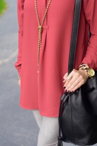 Fashion; Modesty; Fashion Blog;; Fall Trends; Fashion Style; Fashion Trends; Fall Fashion; Rust; Booties; Karen Walker Super Duper; Bucket Bag; Bauble Bar Necklace; NARS Audrey Lipstick; Booties; Grey Denim; MK Watch