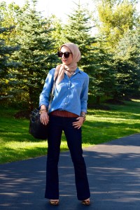 A Day In The Lalz; Flared Jeans; Denim for fall; Fall Style; Chambray; Flare Denim; Karen Walker Sunglasses; DVF Leopard Heels; Kate Spade Beau Bag; Haute Hijab; Fashion Blog; Fall Fashion
