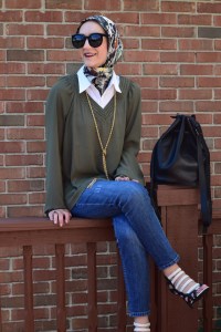 A Day In The Lalz; Olive x Black; Bucket Bag; Karen Walker Super Dupe; Jackson Pollock Scarf; Bauble Bar Iced Lariat Pendant; Fall Fashion; Style; Fashion Blog; Modest Style; Hijabi