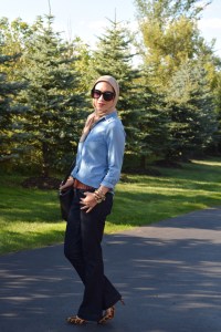 A Day In The Lalz; Flared Jeans; Denim for fall; Fall Style; Chambray; Flare Denim; Karen Walker Sunglasses; DVF Leopard Heels; Kate Spade Beau Bag; Haute Hijab; Fashion Blog; Fall Fashion
