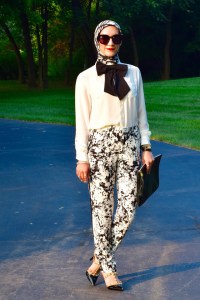 A Day In The Lalz; Fashion; Modesty; Black and White; Put a Bow On it; Chic; Modesty; Banana Republic Piped Printed Soft Pant; ASOS Oversized Bow Tie; Karen Walker Super Duper Black; Stila Beso; Rockstud T-Strap Pump; La Mer Watch; The Limited Ashton Blouse; Zeena Scarf