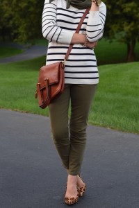 A Day In The Lalz; Strip Sweater; Banana Republic; Vela Zipper Scarf; Fall Style; Fashion Blod; Modest Fashion; Leopard Heels; Prada Sunglasses; Cross-body bag