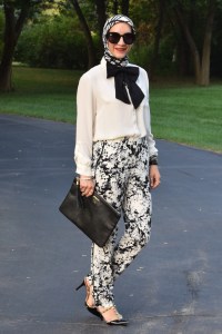 A Day In The Lalz; Fashion; Modesty; Black and White; Put a Bow On it; Chic; Modesty; Banana Republic Piped Printed Soft Pant; ASOS Oversized Bow Tie; Karen Walker Super Duper Black; Stila Beso; Rockstud T-Strap Pump; La Mer Watch; The Limited Ashton Blouse; Zeena Scarf