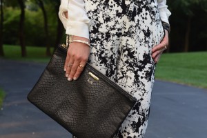 A Day In The Lalz; Fashion; Modesty; Black and White; Put a Bow On it; Chic; Modesty; Banana Republic Piped Printed Soft Pant; ASOS Oversized Bow Tie; Karen Walker Super Duper Black; Stila Beso; Rockstud T-Strap Pump; La Mer Watch; The Limited Ashton Blouse; Zeena Scarf