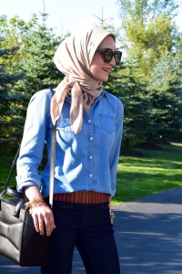 A Day In The Lalz; Flared Jeans; Denim for fall; Fall Style; Chambray; Flare Denim; Karen Walker Sunglasses; DVF Leopard Heels; Kate Spade Beau Bag; Haute Hijab; Fashion Blog; Fall Fashion