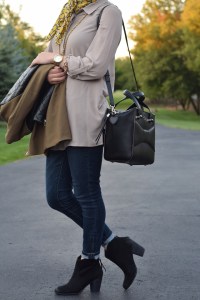 A Day In The Lalz; Fall Fashion; Leather Sleeve Olive Coat; Haute Hijab; Bauble Bar Iced Lariat Pendant; Fashion Blogger; Modest Style; Karen Walker Super Dupe Sunglasses; NARS Audrey Lipstick; Kate Spade Beau Bag