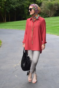 Fashion; Modesty; Fashion Blog;; Fall Trends; Fashion Style; Fashion Trends; Fall Fashion; Rust; Booties; Karen Walker Super Duper; Bucket Bag; Bauble Bar Necklace; NARS Audrey Lipstick; Booties; Grey Denim