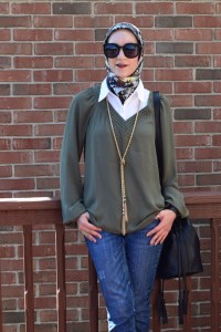 A Day In The Lalz; Olive x Black; Bucket Bag; Karen Walker Super Dupe; Jackson Pollock Scarf; Bauble Bar Iced Lariat Pendant; Fall Fashion; Style; Fashion Blog; Modest Style; Hijabi