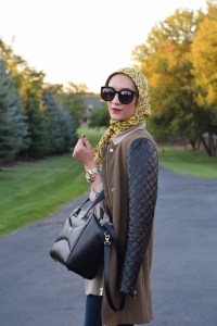 A Day In The Lalz; Fall Fashion; Leather Sleeve Olive Coat; Haute Hijab; Bauble Bar Iced Lariat Pendant; Fashion Blogger; Modest Style; Karen Walker Super Dupe Sunglasses; NARS Audrey Lipstick; Kate Spade Beau Bag