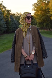 A Day In The Lalz; Fall Fashion; Leather Sleeve Olive Coat; Haute Hijab; Bauble Bar Iced Lariat Pendant; Fashion Blogger; Modest Style; Karen Walker Super Dupe Sunglasses; NARS Audrey Lipstick; Kate Spade Beau Bag