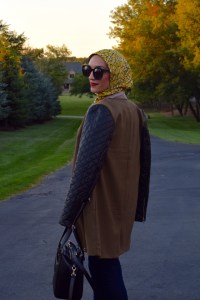A Day In The Lalz; Fall Fashion; Leather Sleeve Olive Coat; Haute Hijab; Bauble Bar Iced Lariat Pendant; Fashion Blogger; Modest Style; Karen Walker Super Dupe Sunglasses; NARS Audrey Lipstick; Kate Spade Beau Bag