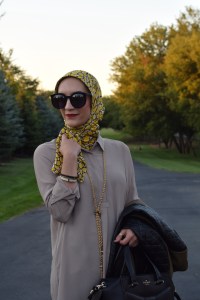 A Day In The Lalz; Fall Fashion; Leather Sleeve Olive Coat; Haute Hijab; Bauble Bar Iced Lariat Pendant; Fashion Blogger; Modest Style; Karen Walker Super Dupe Sunglasses; NARS Audrey Lipstick; Kate Spade Beau Bag