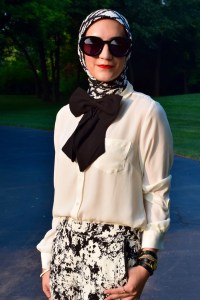 A Day In The Lalz; Fashion; Modesty; Black and White; Put a Bow On it; Chic; Modesty; Banana Republic Piped Printed Soft Pant; ASOS Oversized Bow Tie; Karen Walker Super Duper Black; Stila Beso; Rockstud T-Strap Pump; La Mer Watch; The Limited Ashton Blouse; Zeena Scarf