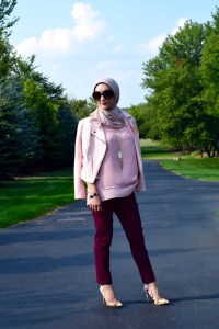 A Day In The Lalz; Banana Republic Sloan Pants; Bana Republic Multi-Zip Moto Jacket; Blush; Fashion; Modesty; Fashion Blog; Fall Beauty; Fall Trends; Fashion Style; Fashion Trends; Fall Fashion; Burgundy & Blush; Hijab; Modesty