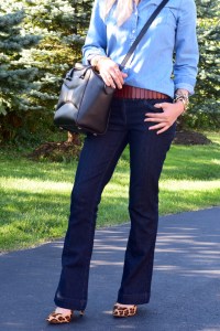 A Day In The Lalz; Flared Jeans; Denim for fall; Fall Style; Chambray; Flare Denim; Karen Walker Sunglasses; DVF Leopard Heels; Kate Spade Beau Bag; Haute Hijab; Fashion Blog; Fall Fashion