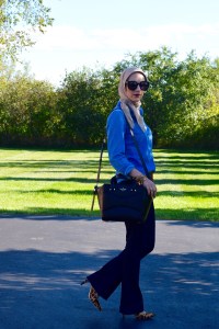 A Day In The Lalz; Flared Jeans; Denim for fall; Fall Style; Chambray; Flare Denim; Karen Walker Sunglasses; DVF Leopard Heels; Kate Spade Beau Bag; Haute Hijab; Fashion Blog; Fall Fashion