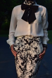 A Day In The Lalz; Fashion; Modesty; Black and White; Put a Bow On it; Chic; Modesty; Banana Republic Piped Printed Soft Pant; ASOS Oversized Bow Tie; Karen Walker Super Duper Black; Stila Beso; Rockstud T-Strap Pump; La Mer Watch; The Limited Ashton Blouse; Zeena Scarf