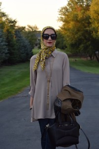 A Day In The Lalz; Fall Fashion; Leather Sleeve Olive Coat; Haute Hijab; Bauble Bar Iced Lariat Pendant; Fashion Blogger; Modest Style; Karen Walker Super Dupe Sunglasses; NARS Audrey Lipstick; Kate Spade Beau Bag
