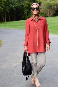 Fashion; Modesty; Fashion Blog;; Fall Trends; Fashion Style; Fashion Trends; Fall Fashion; Rust; Booties; Karen Walker Super Duper; Bucket Bag; Bauble Bar Necklace; NARS Audrey Lipstick; Booties; Grey Denim