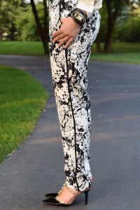 A Day In The Lalz; Fashion; Modesty; Black and White; Put a Bow On it; Chic; Modesty; Banana Republic Piped Printed Soft Pant; ASOS Oversized Bow Tie; Karen Walker Super Duper Black; Stila Beso; Rockstud T-Strap Pump; La Mer Watch; The Limited Ashton Blouse; Zeena Scarf