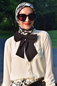 A Day In The Lalz; Fashion; Modesty; Black and White; Put a Bow On it; Chic; Modesty; Banana Republic Piped Printed Soft Pant; ASOS Oversized Bow Tie; Karen Walker Super Duper Black; Stila Beso; Rockstud T-Strap Pump; La Mer Watch; The Limited Ashton Blouse; Zeena Scarf