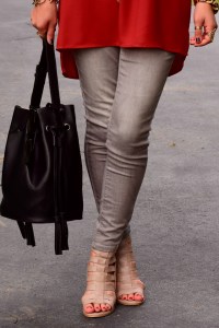 Fashion; Modesty; Fashion Blog;; Fall Trends; Fashion Style; Fashion Trends; Fall Fashion; Rust; Booties; Karen Walker Super Duper; Bucket Bag; Bauble Bar Necklace; NARS Audrey Lipstick; Booties; Grey Denim