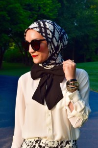 A Day In The Lalz; Fashion; Modesty; Black and White; Put a Bow On it; Chic; Modesty; Banana Republic Piped Printed Soft Pant; ASOS Oversized Bow Tie; Karen Walker Super Duper Black; Stila Beso; Rockstud T-Strap Pump; La Mer Watch; The Limited Ashton Blouse; Zeena Scarf