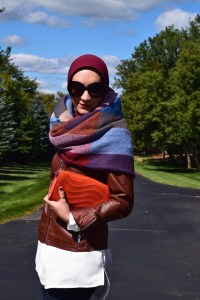 A Day In The Lalz; Fall Style; Blanket Scarf; Leather Jacket; Cognac; Prada Sunglasses; Fashion Blog; Modesty; Hijabi Fashion; Orange Clutch
