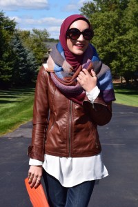 A Day In The Lalz; Fall Style; Blanket Scarf; Leather Jacket; Cognac; Prada Sunglasses; Fashion Blog; Modesty; Hijabi Fashion; Orange Clutch