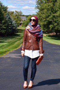 A Day In The Lalz; Fall Style; Blanket Scarf; Leather Jacket; Cognac; Prada Sunglasses; Fashion Blog; Modesty; Hijabi Fashion; Orange Clutch