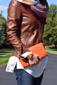 A Day In The Lalz; Fall Style; Blanket Scarf; Leather Jacket; Cognac; Prada Sunglasses; Fashion Blog; Modesty; Hijabi Fashion; Orange Clutch