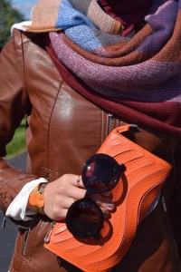 A Day In The Lalz; Fall Style; Blanket Scarf; Leather Jacket; Cognac; Prada Sunglasses; Fashion Blog; Modesty; Hijabi Fashion; Orange Clutch