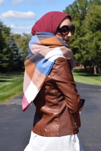 A Day In The Lalz; Fall Style; Blanket Scarf; Leather Jacket; Cognac; Prada Sunglasses; Fashion Blog; Modesty; Hijabi Fashion; Orange Clutch