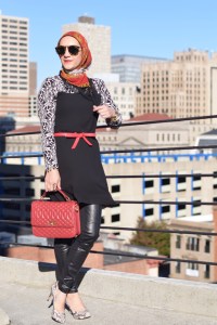 A Day In The Lalz; Lace Sleeve Tunic; Modest Lily; Fall Style; Black and Red; Karen Walker Sunglasses; Leather leggings; Hijab; Modest Fashion; Hijabi Fashion Blogger;