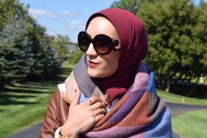 A Day In The Lalz; Fall Style; Blanket Scarf; Leather Jacket; Cognac; Prada Sunglasses; Fashion Blog; Modesty; Hijabi Fashion; Orange Clutch