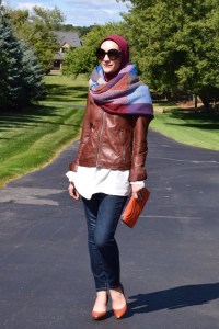 A Day In The Lalz; Fall Style; Blanket Scarf; Leather Jacket; Cognac; Prada Sunglasses; Fashion Blog; Modesty; Hijabi Fashion; Orange Clutch