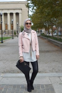 A Day In The Lalz; Fashion Blog; Modest Fashion; Fall Style; Veilure Coutoure; Hijab; Hijabi Fashion Blogger; Pastel medley wrap; Leather leggings; GiGi NY Clutch; Stila All Day Liquid Lipstick; Nordstrom Black Booties